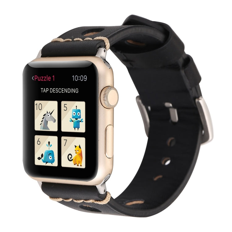 Compatible with Apple Watch Series 7 45mm / 6 & SE & 5 & 4 44mm / 42mm 3 & 2 & 1 Retro Hole Genuine Leather Wrist Watch Band, Compatible with 42mm