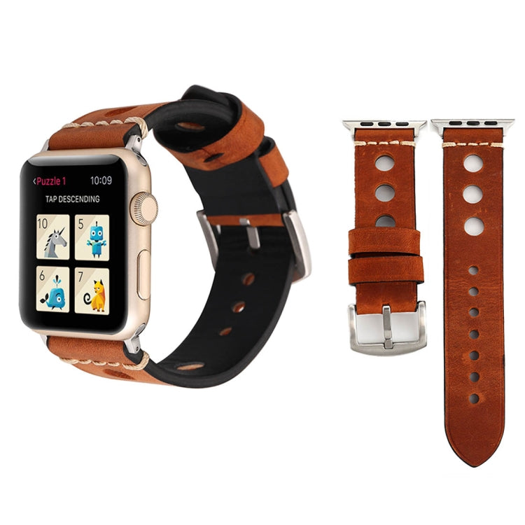 Compatible with Apple Watch Series 7 45mm / 6 & SE & 5 & 4 44mm / 42mm 3 & 2 & 1 Retro Hole Genuine Leather Wrist Watch Band, Compatible with 42mm
