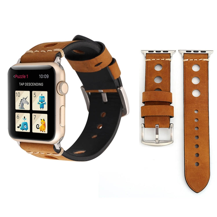Compatible with Apple Watch Series 7 45mm / 6 & SE & 5 & 4 44mm / 42mm 3 & 2 & 1 Retro Hole Genuine Leather Wrist Watch Band, Compatible with 42mm
