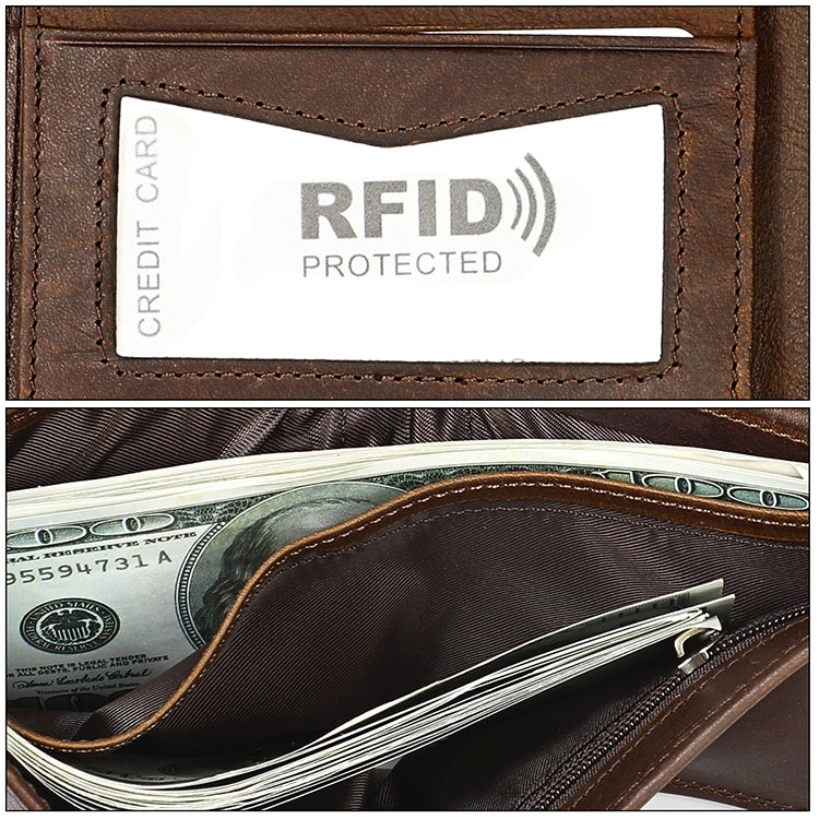 8020 Horizontal Retro Crazy Horse Texture Leather Anti-magnetic RFID Wallet Clutch Bag compatible with Men, with Card Slots, 8020 Coffee