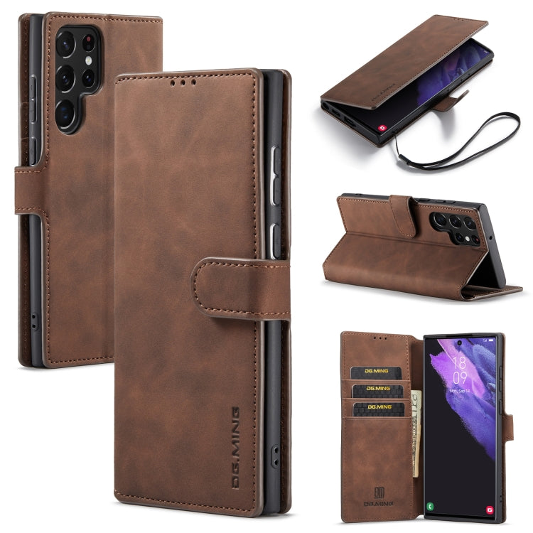 DG.MING Retro Oil Side Horizontal Flip Leather Case with Holder & Card Slots & Wallet, Compatible with Samsung Galaxy S22 Ultra