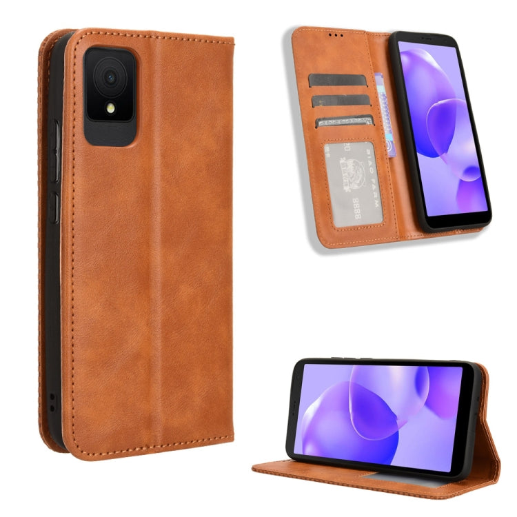 Magnetic Buckle Retro Texture Leather Phone Case, Compatible with TCL 502