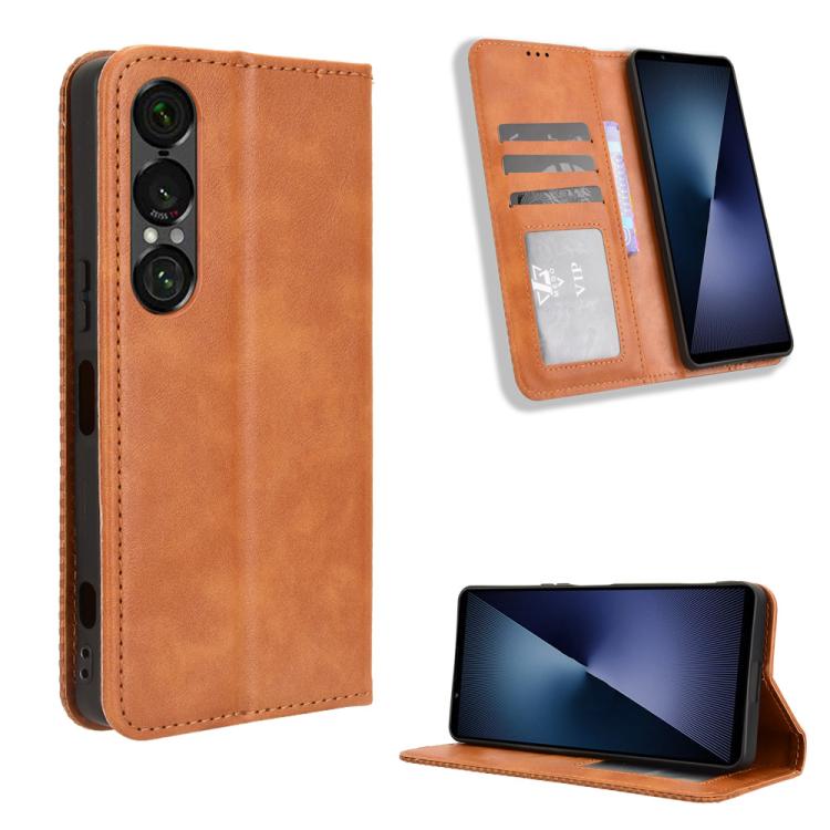 Magnetic Buckle Retro Texture Leather Phone Case, Compatible with Sony Xperia 1 VII