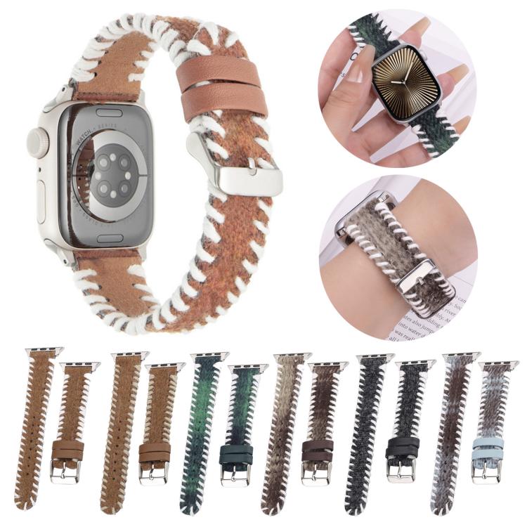 Retro Stitched Wool Genuine Leather Watch Band, Compatible with Apple Watch 46mm / 49mm / 45mm / 44mm