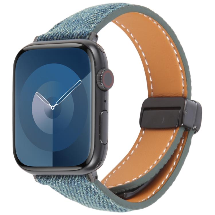 Folding Magnetic Buckle Denim Leather Watch Band, Compatible with Apple Watch 46mm / 49mm / 45mm / 44mm