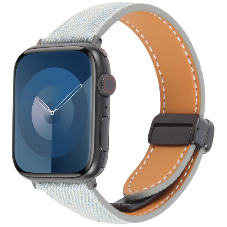 Folding Magnetic Buckle Denim Leather Watch Band, Compatible with Apple Watch 46mm / 49mm / 45mm / 44mm
