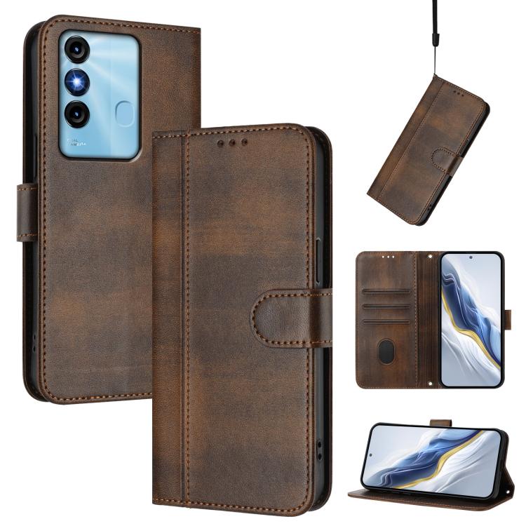 Line Splicing Buckle Retro Leather Phone Case, Compatible with itel P38