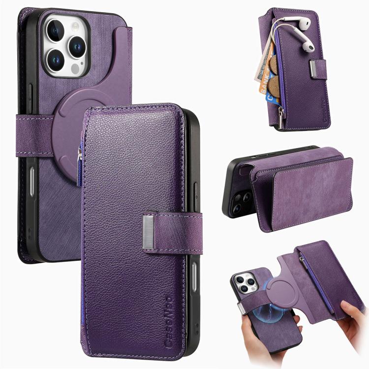 CaseNeo MagSafe RFID Anti-theft Zipper Wallet Retro Leather Phone Case, For iPhone 16 Pro
