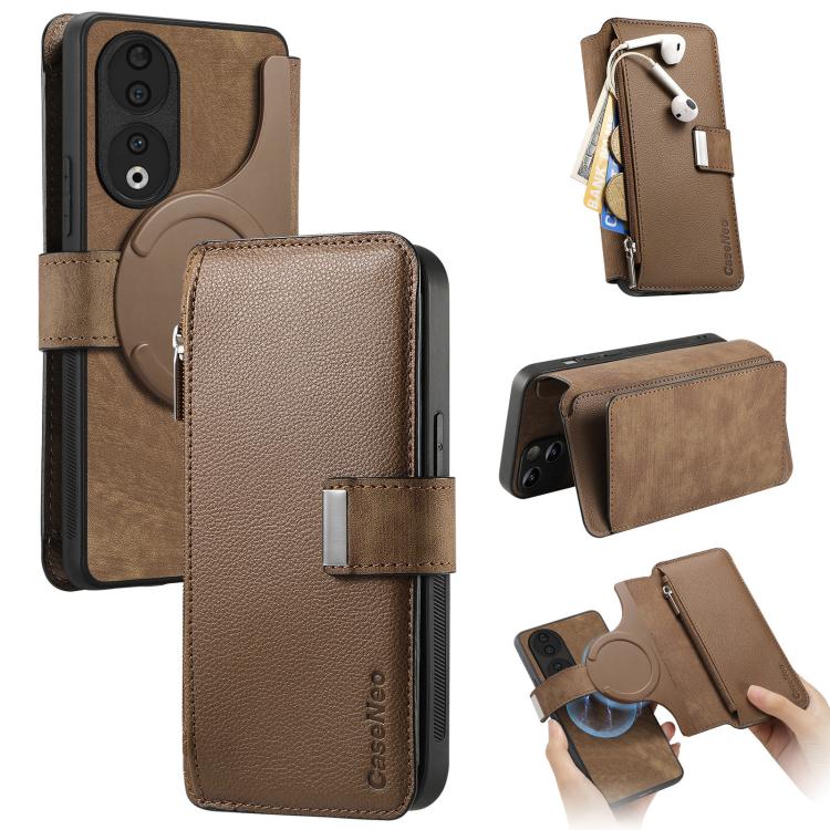 CaseNeo MagSafe RFID Anti-theft Zipper Wallet Retro Leather Phone Case, For Honor 90