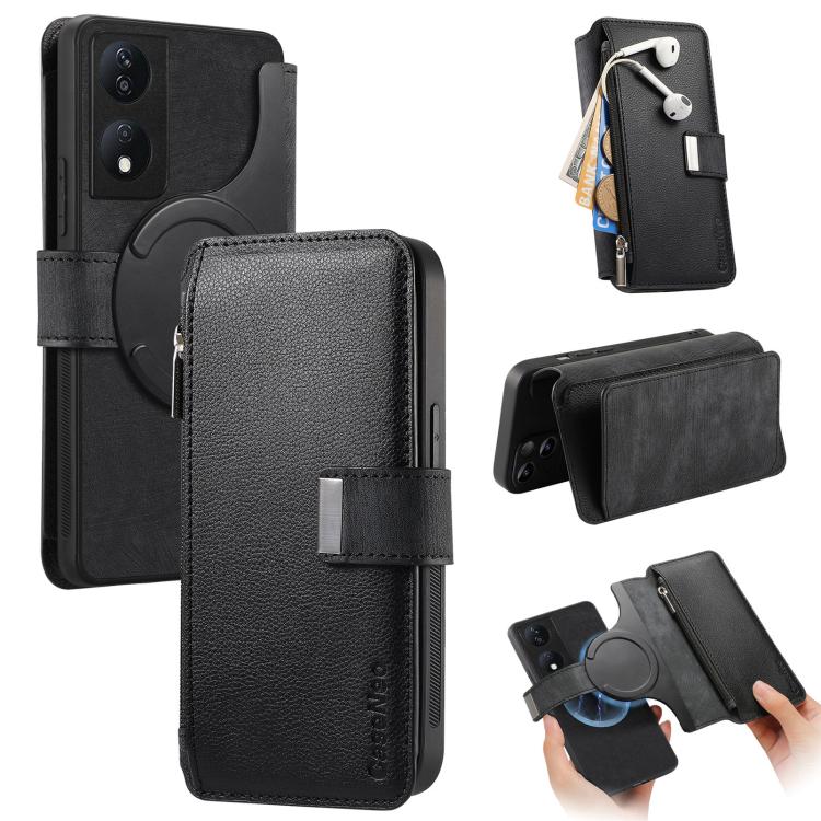 CaseNeo MagSafe RFID Anti-theft Zipper Wallet Retro Leather Phone Case, For Honor X7b