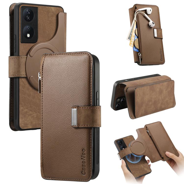 CaseNeo MagSafe RFID Anti-theft Zipper Wallet Retro Leather Phone Case, For Honor X7b