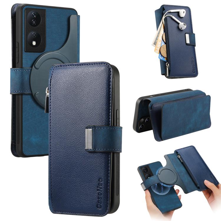 CaseNeo MagSafe RFID Anti-theft Zipper Wallet Retro Leather Phone Case, For Honor X7b
