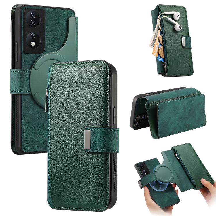 CaseNeo MagSafe RFID Anti-theft Zipper Wallet Retro Leather Phone Case, For Honor X7b