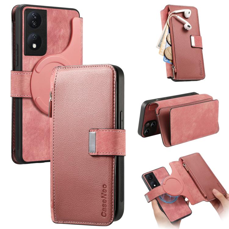 CaseNeo MagSafe RFID Anti-theft Zipper Wallet Retro Leather Phone Case, For Honor X7b