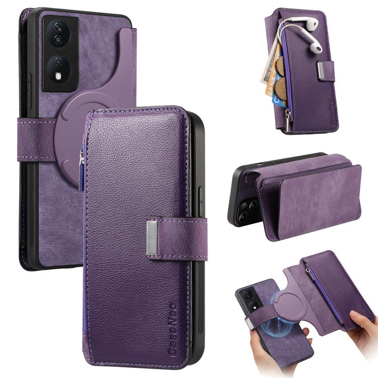 CaseNeo MagSafe RFID Anti-theft Zipper Wallet Retro Leather Phone Case, For Honor X7b