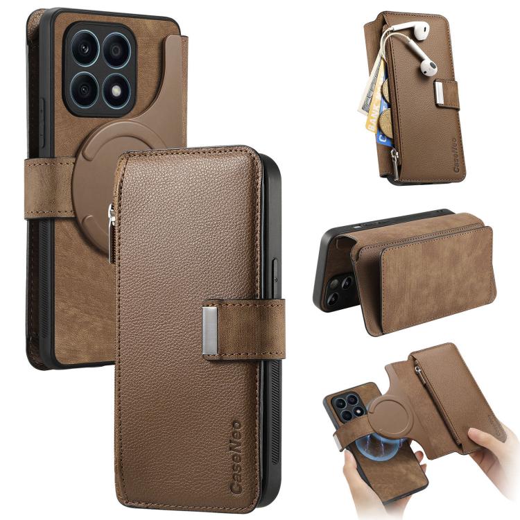CaseNeo MagSafe RFID Anti-theft Zipper Wallet Retro Leather Phone Case, For Honor X8 5G