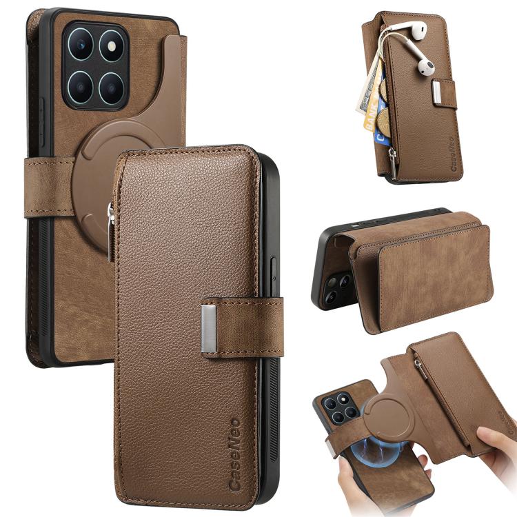 CaseNeo MagSafe RFID Anti-theft Zipper Wallet Retro Leather Phone Case, For Honor X6a
