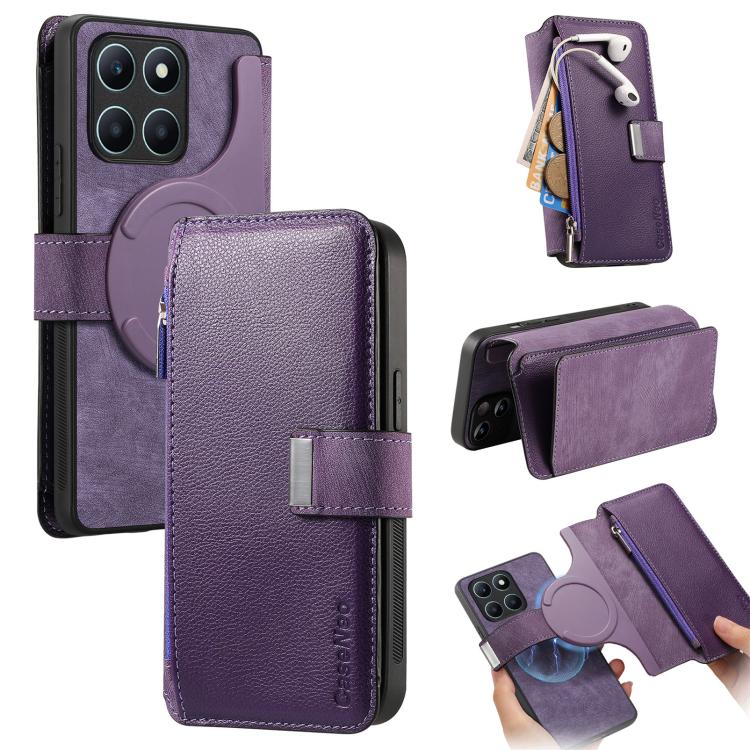 CaseNeo MagSafe RFID Anti-theft Zipper Wallet Retro Leather Phone Case, For Honor X6a