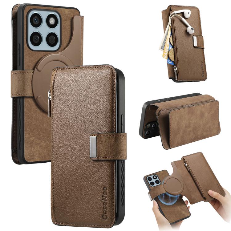 CaseNeo MagSafe RFID Anti-theft Zipper Wallet Retro Leather Phone Case, For Honor X8b