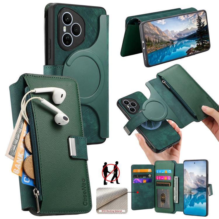 CaseNeo MagSafe RFID Anti-theft Zipper Wallet Retro Leather Phone Case, For Honor 400 Pro Global 160.8mm