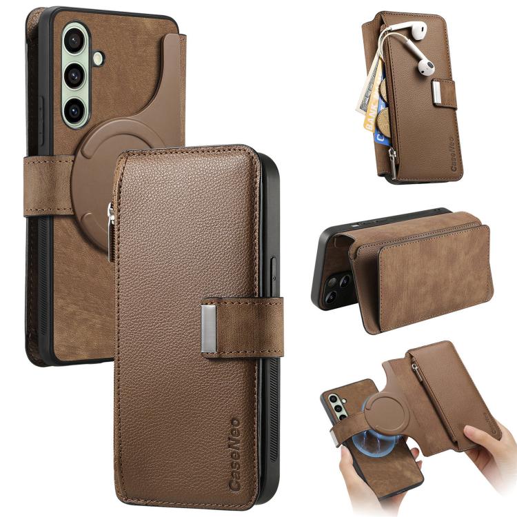 CaseNeo MagSafe RFID Anti-theft Zipper Wallet Retro Leather Phone Case, Compatible with Samsung Galaxy S24 FE 5G