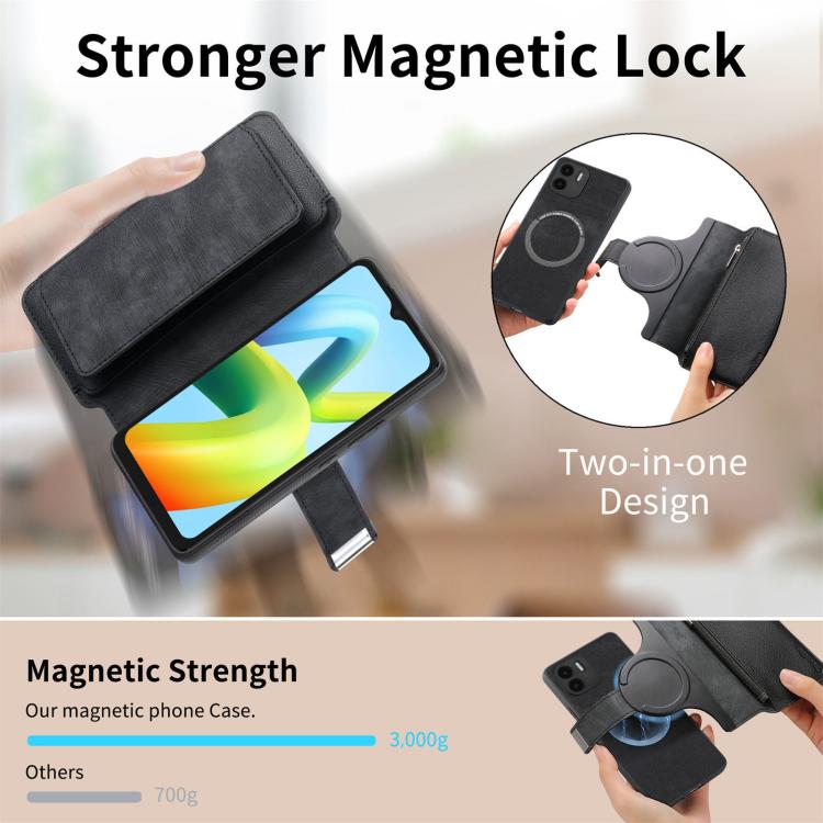 CaseNeo MagSafe RFID Anti-theft Zipper Wallet Retro Leather Phone Case, Compatible with Redmi A1