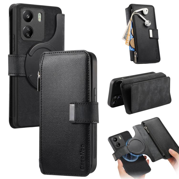 CaseNeo MagSafe RFID Anti-theft Zipper Wallet Retro Leather Phone Case, Compatible with Redmi 13C 4G / Poco M6