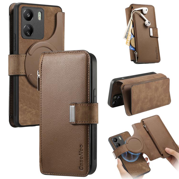 CaseNeo MagSafe RFID Anti-theft Zipper Wallet Retro Leather Phone Case, Compatible with Redmi 13C 4G / Poco M6