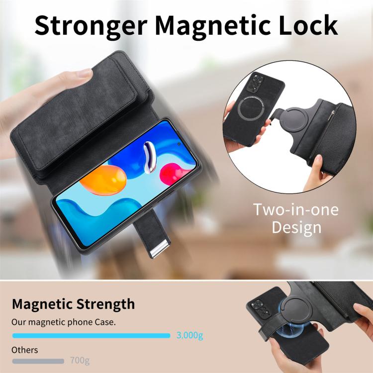 CaseNeo MagSafe RFID Anti-theft Zipper Wallet Retro Leather Phone Case, Compatible with Redmi Note 11 4G Global