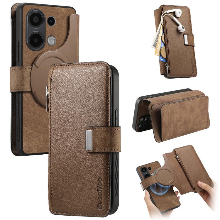 CaseNeo MagSafe RFID Anti-theft Zipper Wallet Retro Leather Phone Case, Compatible with Redmi Note 13 4G