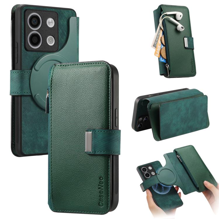 CaseNeo MagSafe RFID Anti-theft Zipper Wallet Retro Leather Phone Case, Compatible with Redmi Note 13 Pro 5G