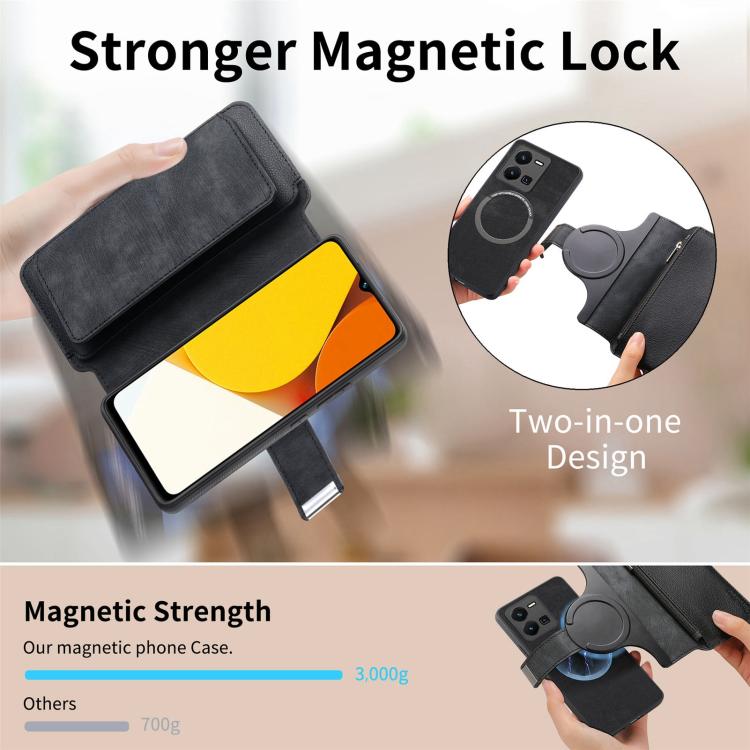 CaseNeo MagSafe RFID Anti-theft Zipper Wallet Retro Leather Phone Case, Compatible with vivo Y35 4G 2022