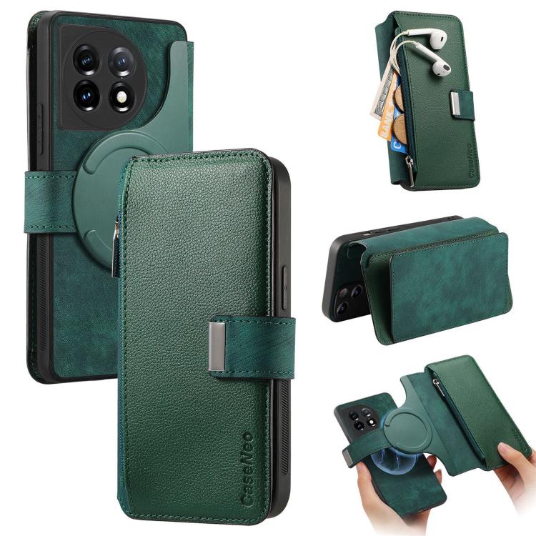 CaseNeo MagSafe RFID Anti-theft Zipper Wallet Retro Leather Phone Case, Compatible with OnePlus 11