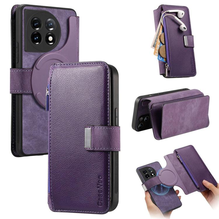CaseNeo MagSafe RFID Anti-theft Zipper Wallet Retro Leather Phone Case, Compatible with OnePlus 11