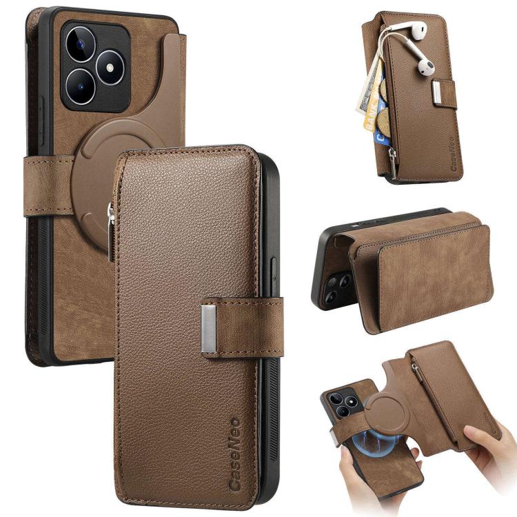 CaseNeo MagSafe RFID Anti-theft Zipper Wallet Retro Leather Phone Case, Compatible with Realme C53