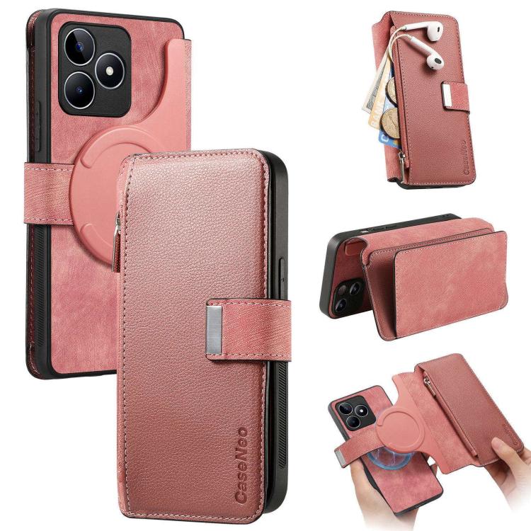 CaseNeo MagSafe RFID Anti-theft Zipper Wallet Retro Leather Phone Case, Compatible with Realme C53