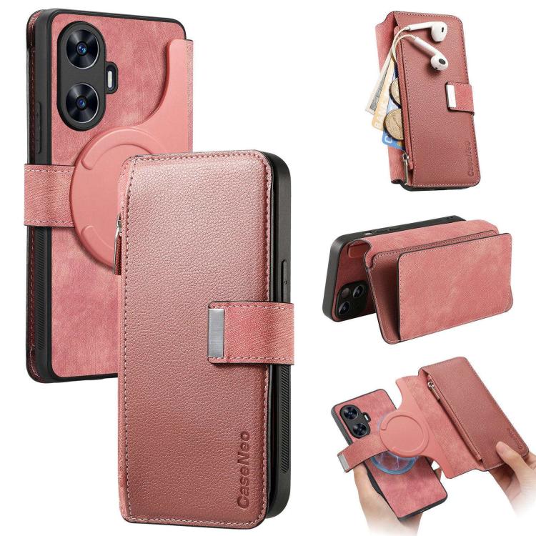 CaseNeo MagSafe RFID Anti-theft Zipper Wallet Retro Leather Phone Case, Compatible with Realme C55