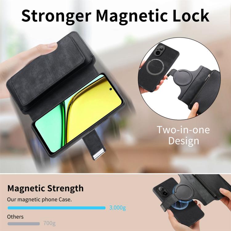CaseNeo MagSafe RFID Anti-theft Zipper Wallet Retro Leather Phone Case, Compatible with Realme C67 4G