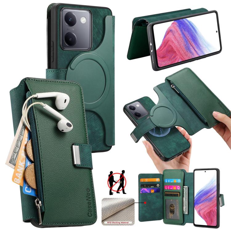 CaseNeo MagSafe RFID Anti-theft Zipper Wallet Retro Leather Phone Case, Compatible with vivo Y300+ / Y200 Pro