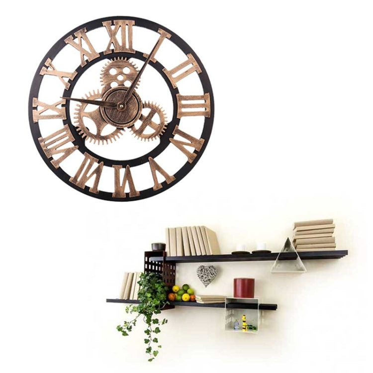 Retro Wooden Round Single-sided Gear Clock Rome Number Wall Clock, Diameter: 35cm, Rome Number 35cm