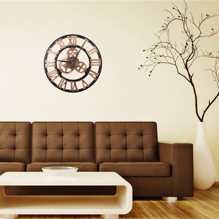 Retro Wooden Round Single-sided Gear Clock Rome Number Wall Clock, Diameter: 40cm, Rome Number 40cm
