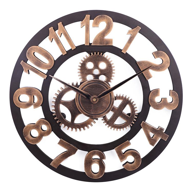 Retro Wooden Round Single-sided Gear Clock Arabic Number Wall Clock, Diameter: 35cm, Number 35cm
