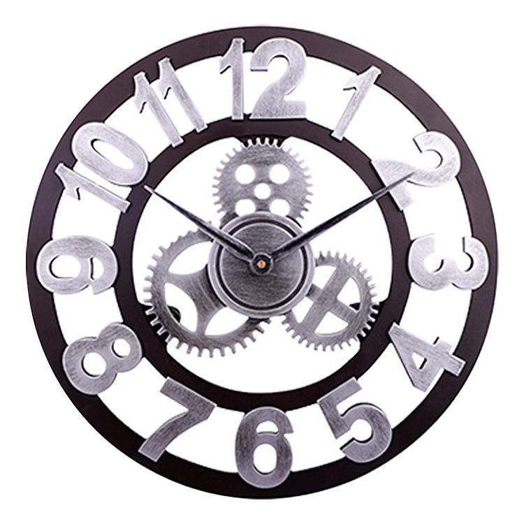 Retro Wooden Round Single-sided Gear Clock Arabic Number Wall Clock, Diameter: 35cm, Number 35cm