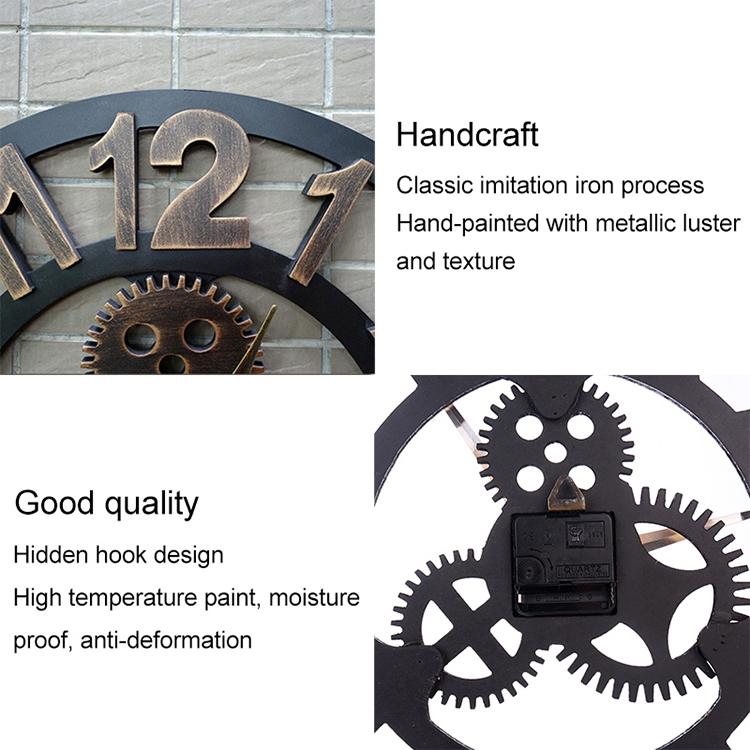 Retro Wooden Round Single-sided Gear Clock Arabic Number Wall Clock, Diameter: 35cm, Number 35cm