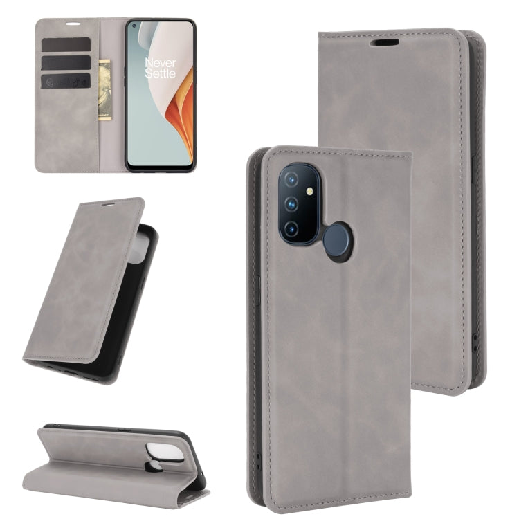 For OnePlus Nord N100 Retro-skin Business Magnetic Suction Leather Case with Holder & Card Slots & Wallet