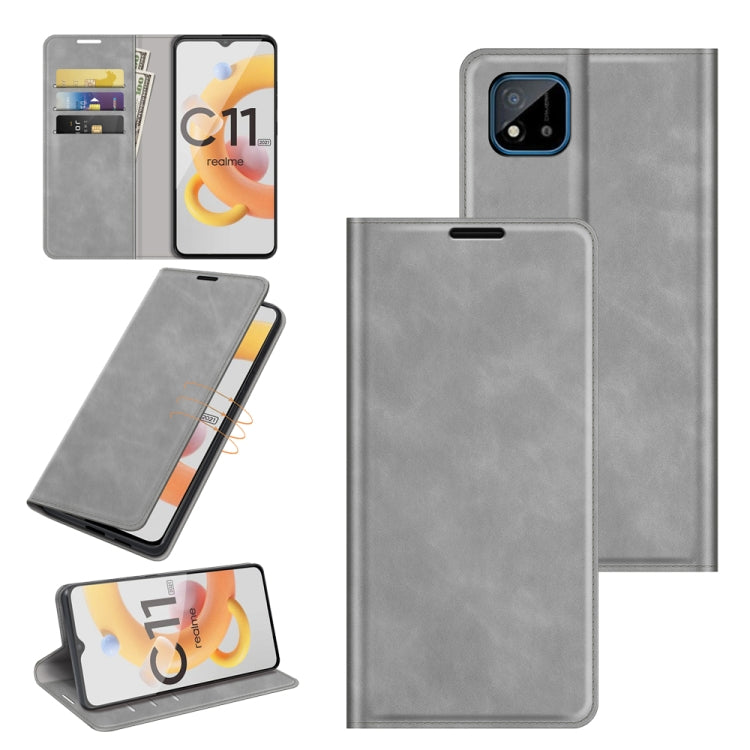 For OPPO Realme C11 2021 Retro-skin Business Magnetic Suction Leather Case with Holder & Card Slots & Wallet
