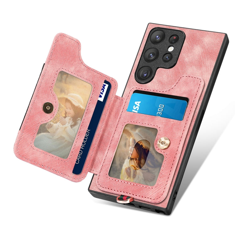 Retro Skin-feel Ring Multi-card Wallet Phone Case, For Samsung Galaxy S22 Ultra 5G