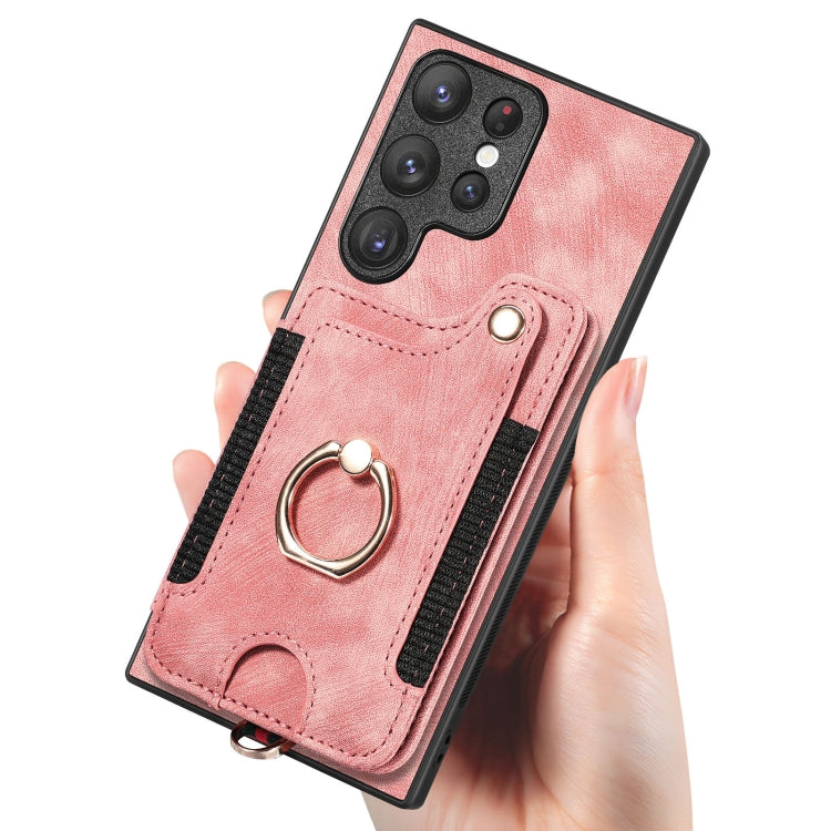 Retro Skin-feel Ring Multi-card Wallet Phone Case, For Samsung Galaxy S22 Ultra 5G
