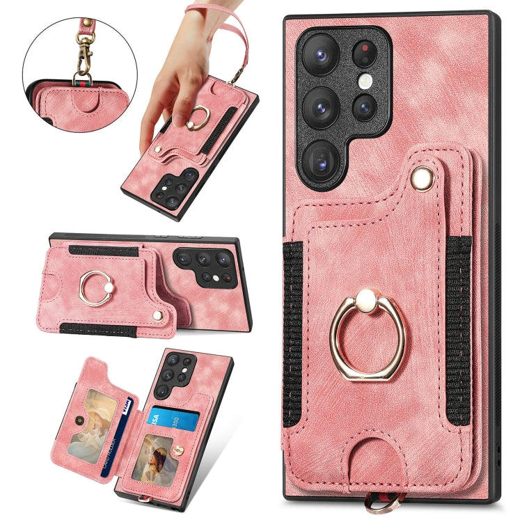 Retro Skin-feel Ring Multi-card Wallet Phone Case, For Samsung Galaxy S22 Ultra 5G