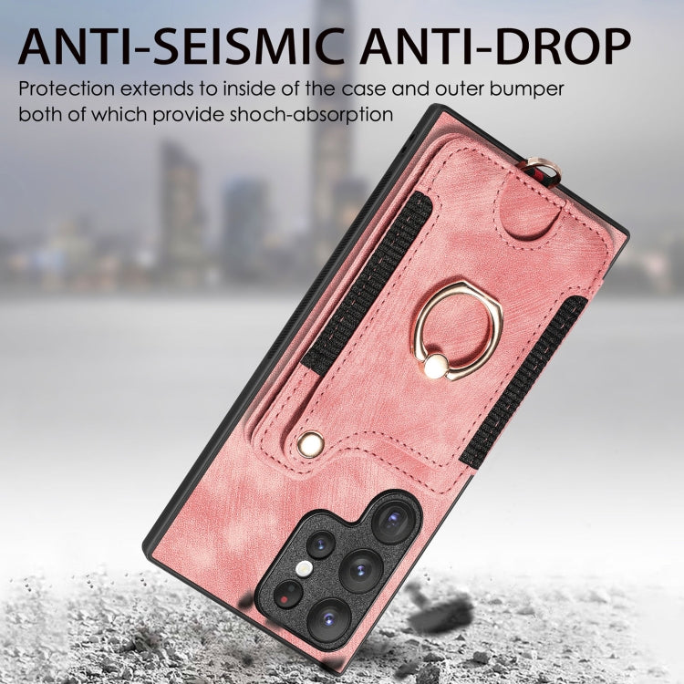 Retro Skin-feel Ring Multi-card Wallet Phone Case, For Samsung Galaxy S22 Ultra 5G